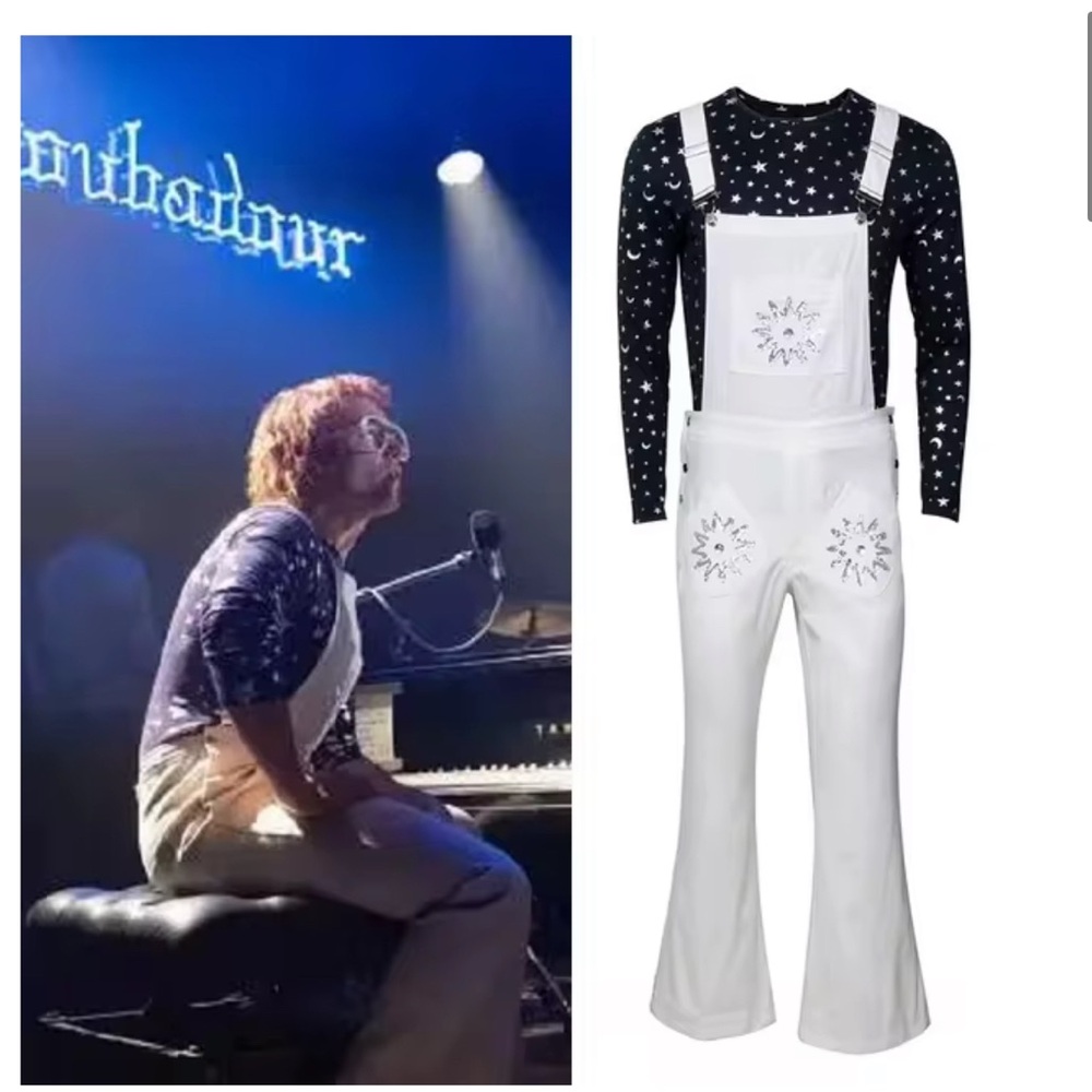 White Men’s Embroidered Overalls with Star-Print Top